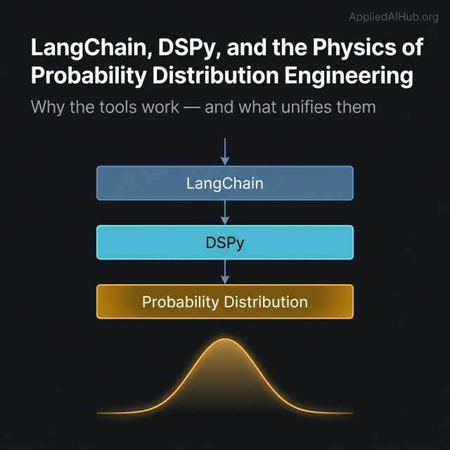 A three-layer architecture diagram showing LangChain as the pipe system, DSPy as the automated valve, and Probability Distribution Engineering as the underlying fluid dynamics that explains both